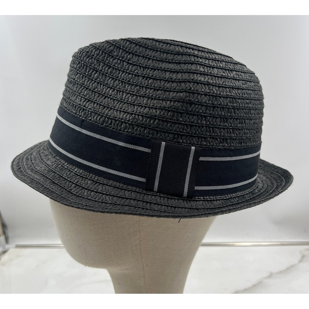 AWEAR2 Kenneth Cole Fedora Hat Men's Sz L Black Woven Paper Straw Striped Band
